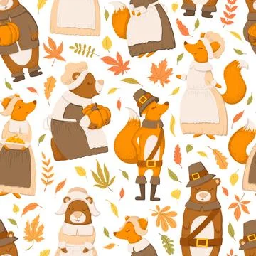 Vector seamless pattern with cute hand drawn cartoon foxes, bears, leaves a.. Stock Illustration