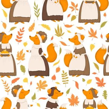 Vector seamless pattern with cute hand drawn cartoon foxes, autumn leaves a.. Stock Illustration