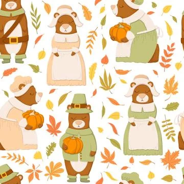 Vector seamless pattern with cute hand drawn cartoon bears, leaves and bran.. Stock Illustration
