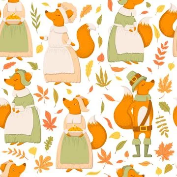 Vector seamless pattern with cute hand drawn cartoon foxes, autumn leaves a.. Stock Illustration