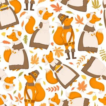 Vector seamless pattern with cute hand drawn cartoon foxes, autumn leaves a.. Stock Illustration