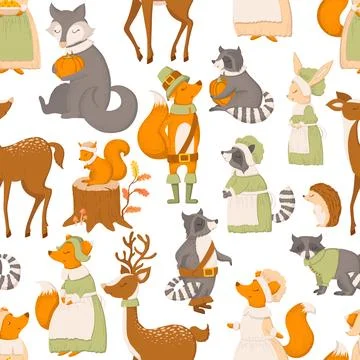 Vector seamless pattern with cute hand drawn cartoon foxes, racoons, deers,.. Stock Illustration