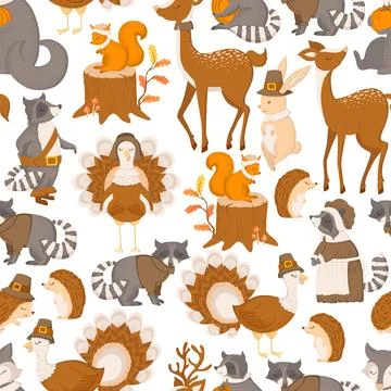 Vector seamless pattern with cute hand drawn cartoon racoons, deers, turkey.. Stock Illustration
