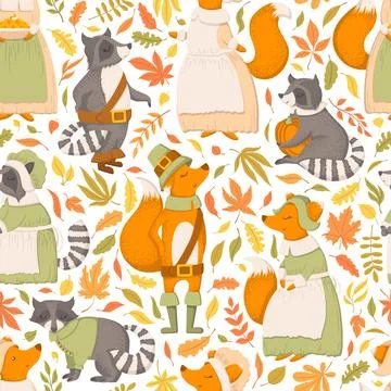 Vector seamless pattern with cute hand drawn cartoon raccoons, foxes, autum.. Stockillustratie