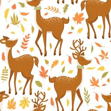 Vector seamless pattern with cute hand drawn cartoon deers, autumn leaves a.. Stock Illustration
