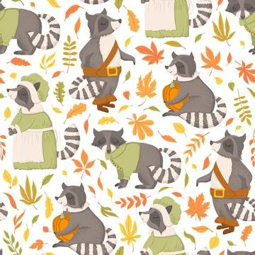 Vector seamless pattern with cute hand drawn cartoon raccoons, autumn leave.. Illustrazione stock