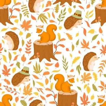 Vector seamless pattern with cute hand drawn cartoon squirrels, hedgehogs, .. Stock Illustration