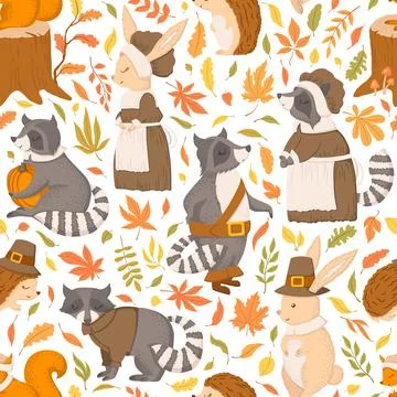 Vector seamless pattern with cute hand drawn cartoon raccoons, squirrels, r.. Stock Illustration