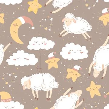 Vector seamless pattern with cute hand drawn cartoon clouds, sheeps, moon a.. Stock Illustration