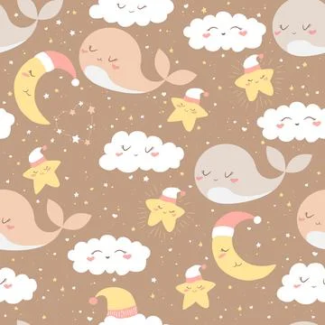 Vector seamless pattern with cute hand drawn cartoon clouds, whales, moon a.. 스톡 일러스트