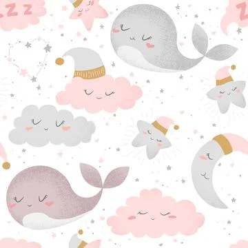 Vector seamless pattern with cute hand drawn cartoon whales, clouds, moon a.. 库存插图