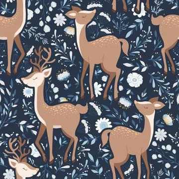 Vector seamless pattern with cute hand drawn deers, plants and floral eleme.. Stock Illustration
