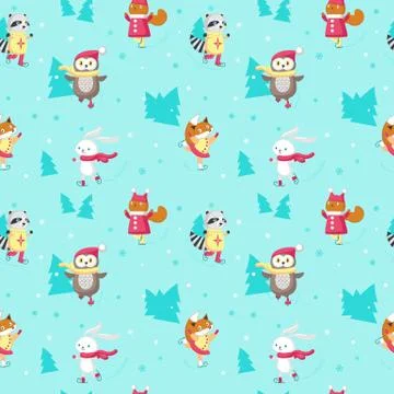 Vector seamless pattern with cute ice skating animals Stockillustratie