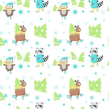 Vector seamless pattern with cute ice skating animals Stock Illustration