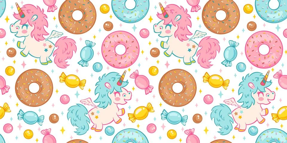 Vector seamless pattern of cute kawaii unicorns with candies and donuts. Pa.. Stock Illustration