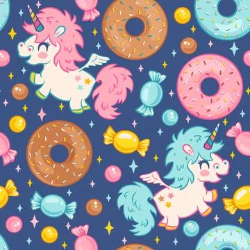 Vector seamless pattern of cute kawaii unicorns with candies and donuts. Pa.. Stock Illustration