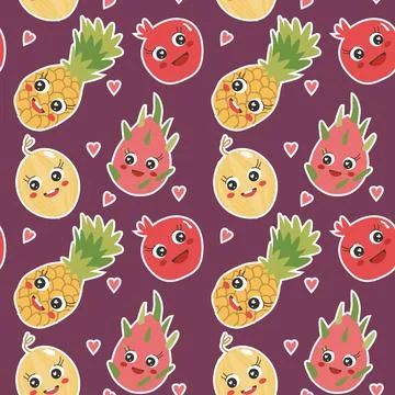 Vector seamless pattern with cute kawaii fruit characters. Colorful smiling Illustrazione stock