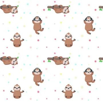 Vector seamless pattern with cute lazy sloths Stock Illustration