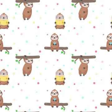 Vector seamless pattern with cute lazy sloths Stock Illustration