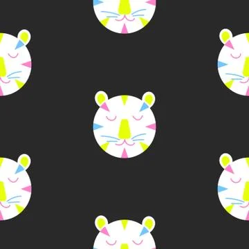 Vector seamless pattern with cute lion heads on black background. Fabric design 스톡 일러스트
