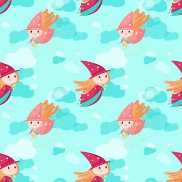 Vector seamless pattern with cute little enchantresses Stock Illustration