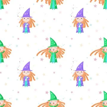 Vector seamless pattern with cute little enchantresses Stockillustratie