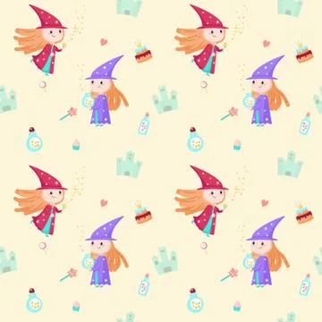 Vector seamless pattern with cute little enchantresses 스톡 일러스트