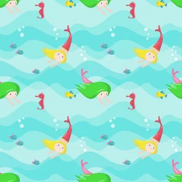 Vector seamless pattern with cute little mermaids Stockillustratie
