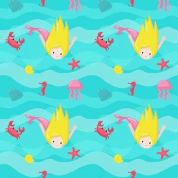 Vector seamless pattern with cute little mermaids Illustrazione stock