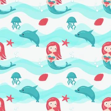 Vector seamless pattern with cute little mermaids Stock Illustration