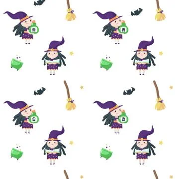 Vector seamless pattern with cute little Halloween witch Stock Illustration