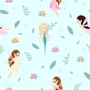 Vector seamless pattern with cute little fairy tale girls, mythical creatures Illustrazione stock