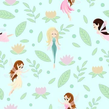 Vector seamless pattern with cute little fairy tale girls, mythical creatures Illustrazione stock
