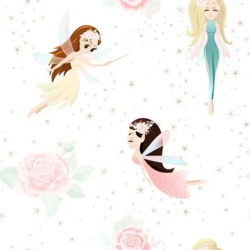 Vector seamless pattern with cute little fairy tale girls, mythical creatures Stock Illustration