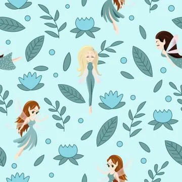 Vector seamless pattern with cute little fairy tale girls, mythical creatures Иллюстрация