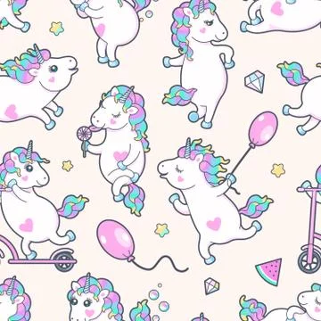 Vector seamless pattern with cute little unicorns Stock Illustration