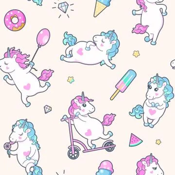 Vector seamless pattern with cute little unicorns Stock Illustration
