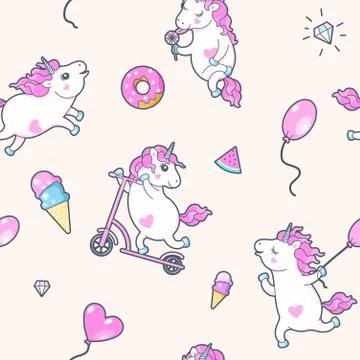 Vector seamless pattern with cute little unicorns Stock Illustration