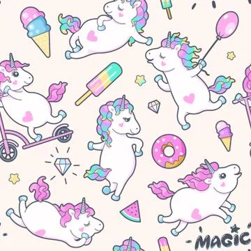 Vector seamless pattern with cute little unicorns Stock Illustration