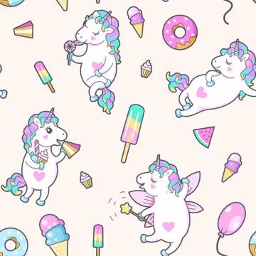 Vector seamless pattern with cute little unicorns Stock Illustration