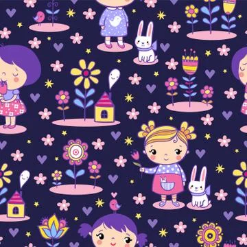 Vector seamless pattern with a cute little girl who is holding a tulip in her Illustrazione stock