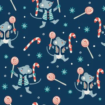 Vector seamless pattern with cute little mice and sweets. Stock Illustration