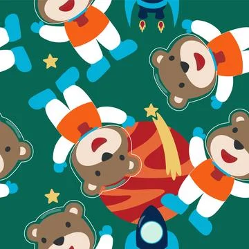 Vector seamless pattern with cute  little bear astronaut, Stock Illustration