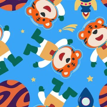 Vector seamless pattern with cute  little tiger astronaut, Stock Illustration