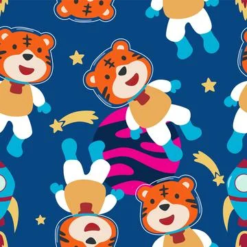 Vector seamless pattern with cute  little tiger astronaut, Stock Illustration