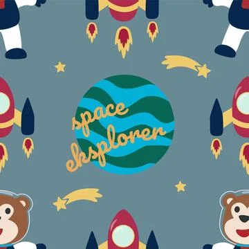 Vector seamless pattern with cute  little monkey astronaut, 库存插图