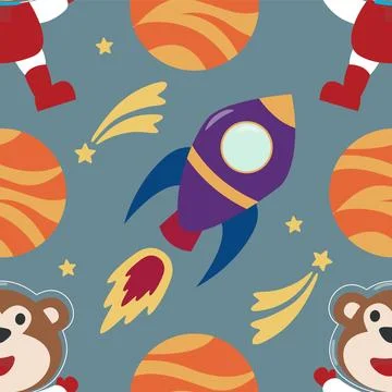 Vector seamless pattern with cute  little monkey astronaut, 库存插图