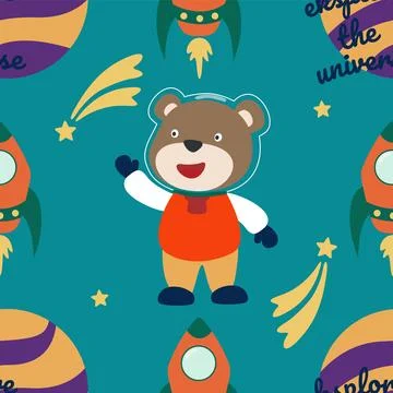 Vector seamless pattern with cute  little bear astronaut, Stock Illustration