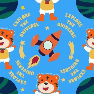 Vector seamless pattern with cute  little tiger astronaut, Stock Illustration