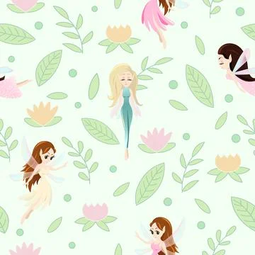 Vector seamless pattern with cute little fairy tale girls, mythical creatures Stockillustratie